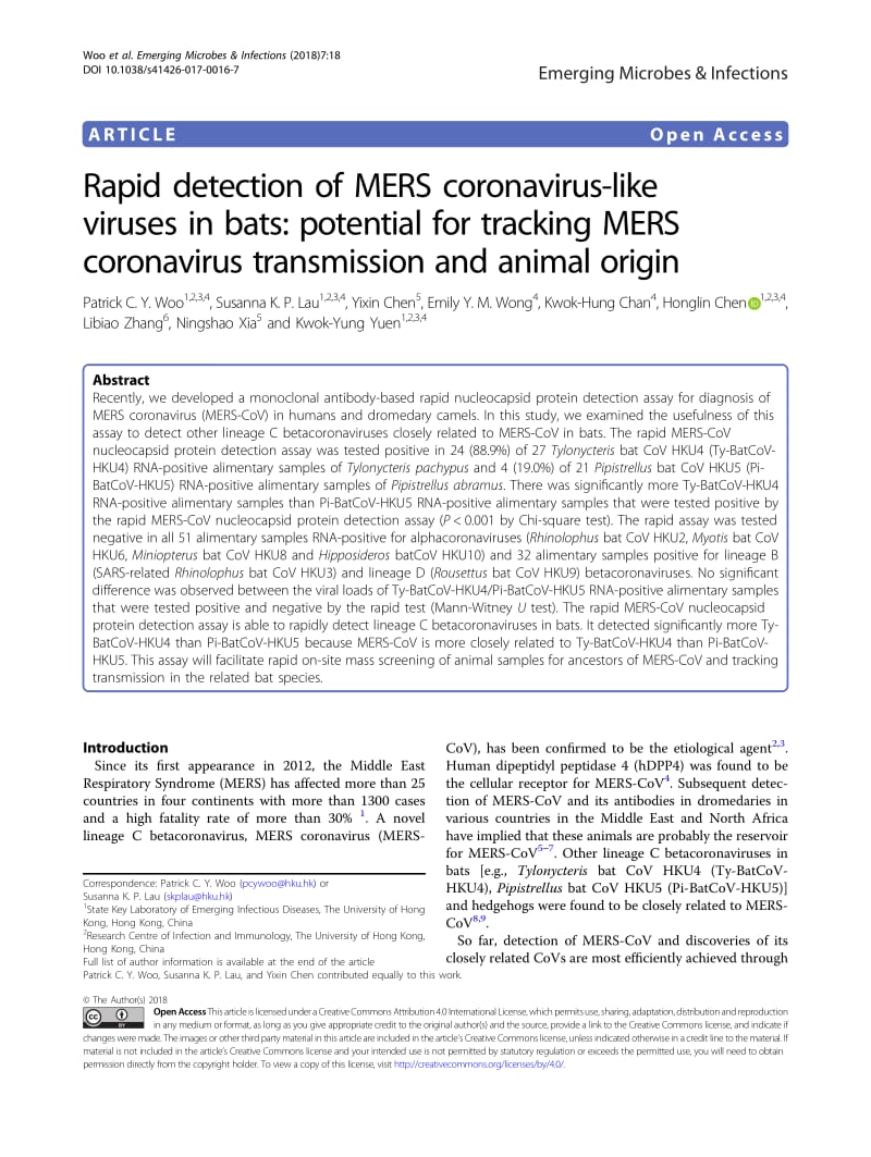 【病毒外文文獻】2018 Rapid detection of MERS coronavirus-like viruses in bats_ potential for tracking MERS coronavirus transmission and