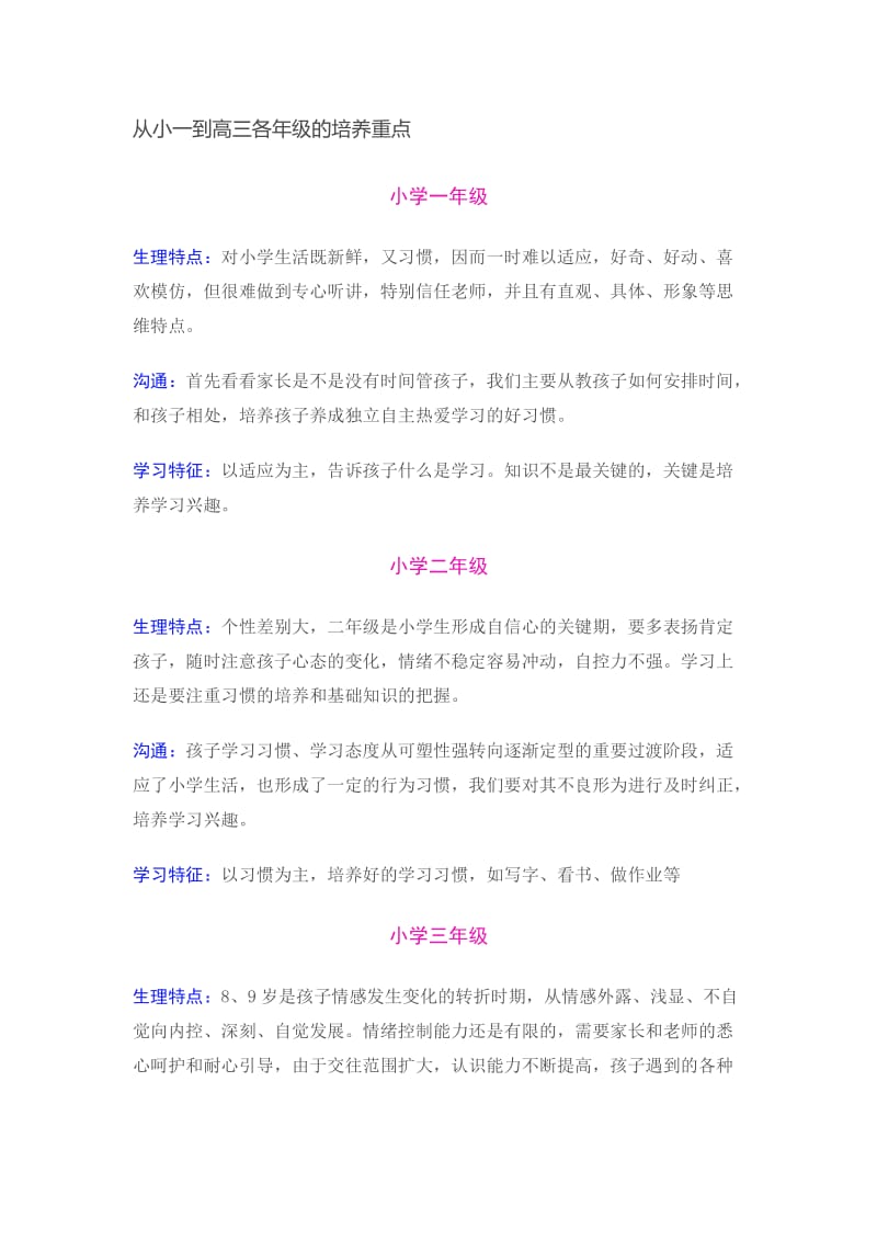 从小一到高三各年级的培养重点.docx_第1页