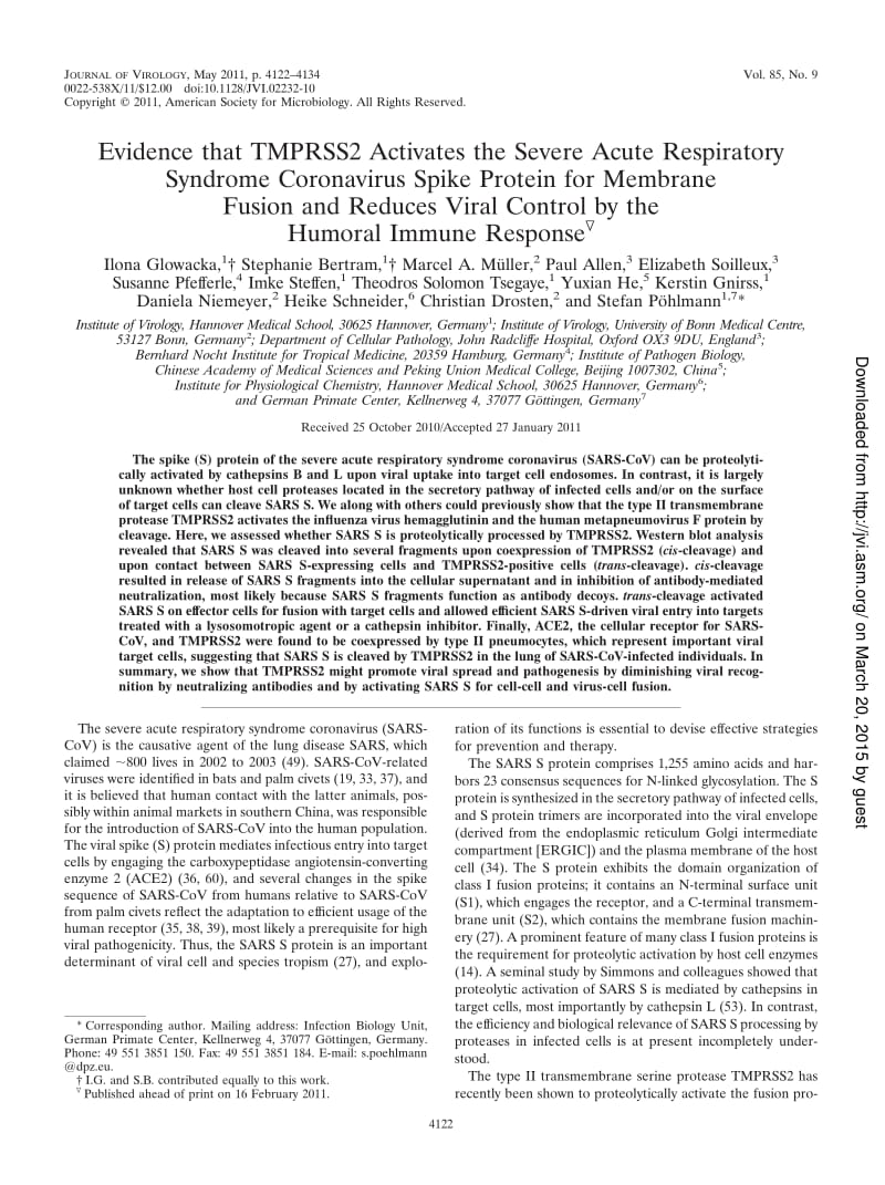 【病毒外文文献】2011 Evidence that TMPRSS2 Activates the Severe Acute Respiratory Syndrome Coronavirus Spike Protein for Membrane Fusion_第1页