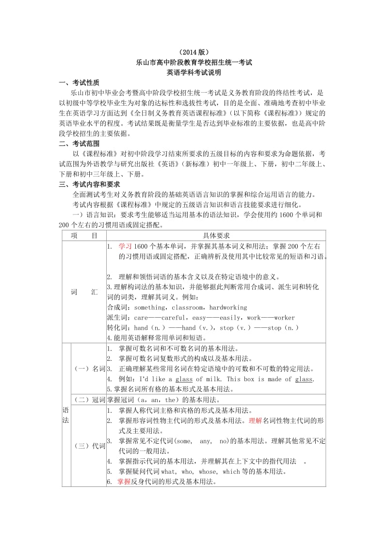 乐山市2014年中考考试说明.doc_第1页