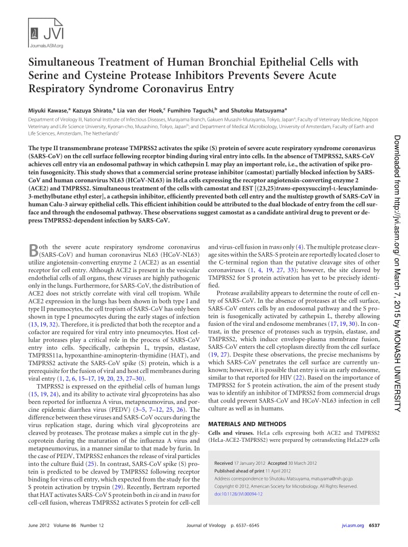 【病毒外文文獻】2012 Simultaneous Treatment of Human Bronchial Epithelial Cells with Serine and Cysteine Protease Inhibitors Prevents Se