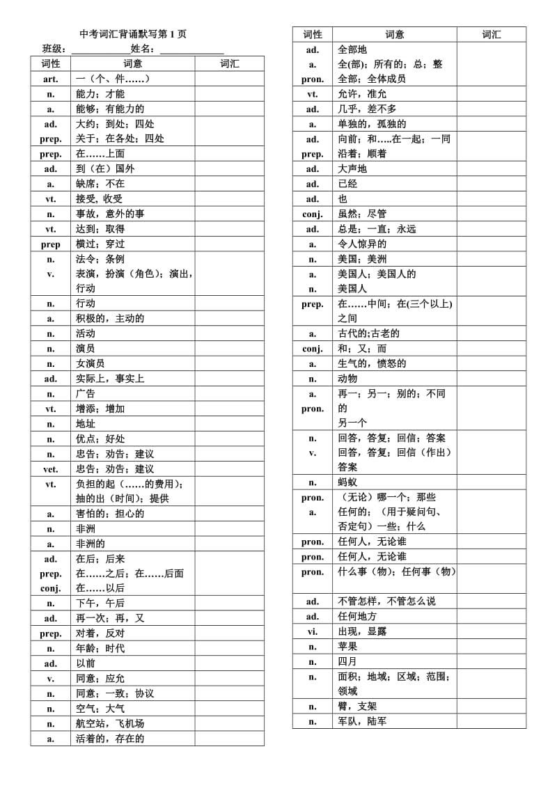 2016浙江省初中毕业生学业考试说明中考词汇背诵默打印稿.doc_第1页