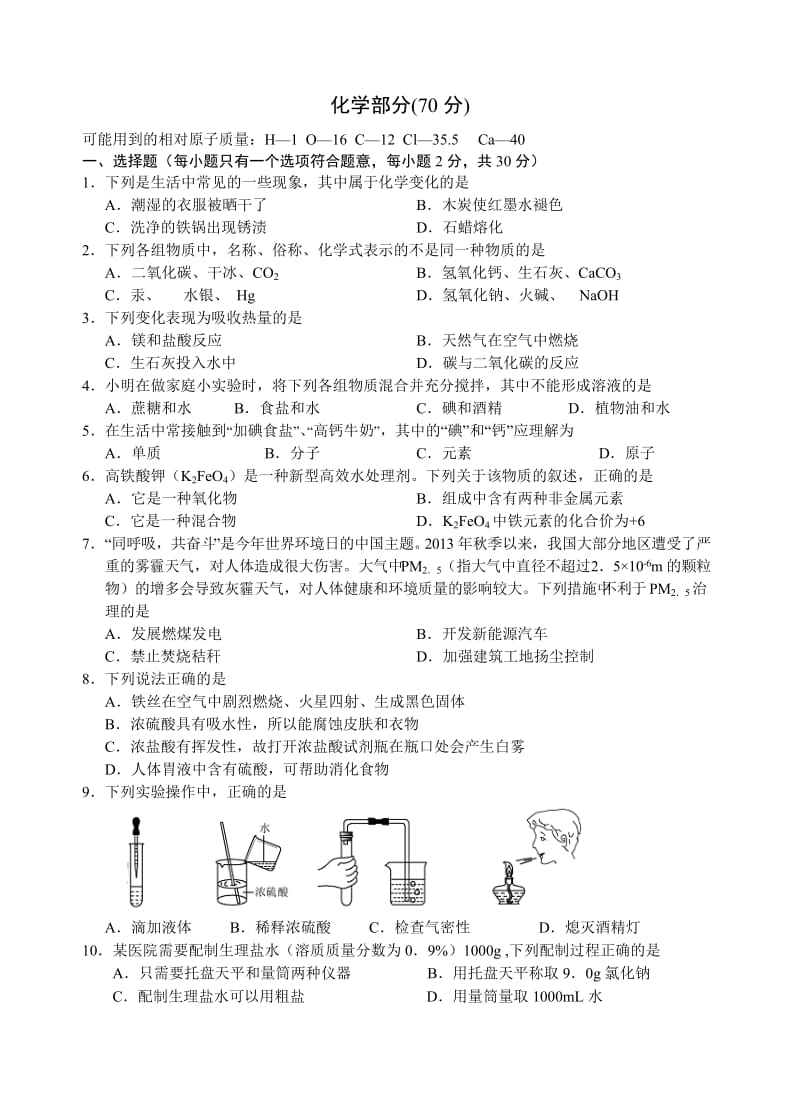 2013年大丰九年级化学期终.doc_第1页