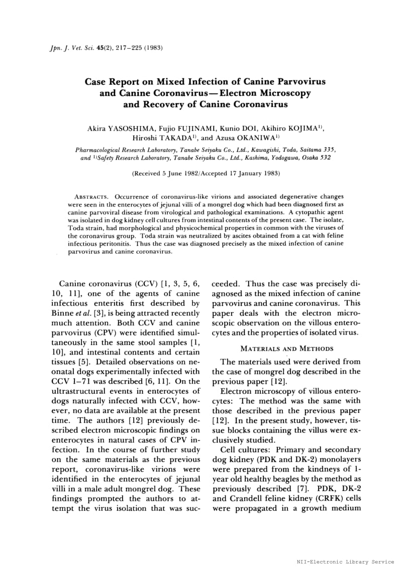 【病毒外文文献】1983 Case report on mixed infection of canine parvovirus and canine coronavirus - Electron microscopy and recovery of ca_第1页