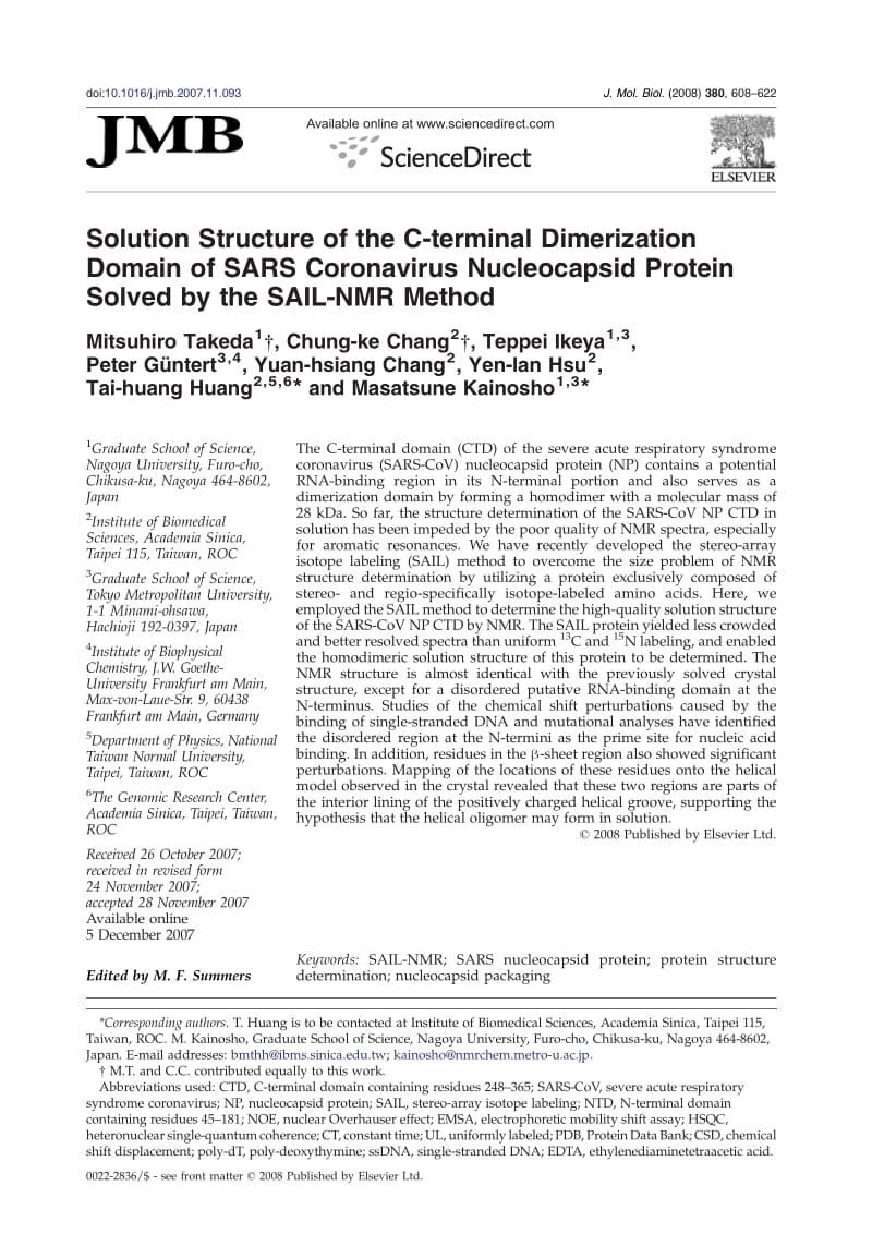 【病毒外文文献】2008 Solution Structure of the C-terminal Dimerization Domain of SARS Coronavirus Nucleocapsid Protein Solved by the SAI_第1页