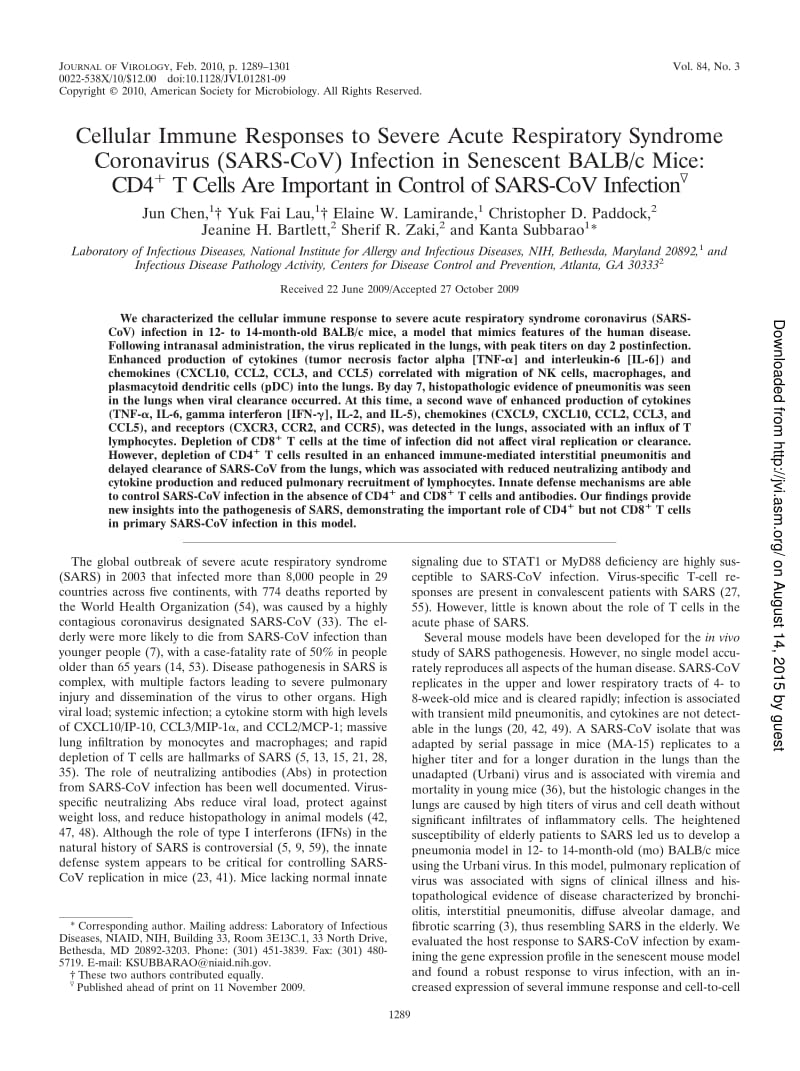 【病毒外文文献】2010 Cellular Immune Responses to Severe Acute Respiratory Syndrome Coronavirus (SARS-CoV) Infection in Senescent BALB_c_第1页