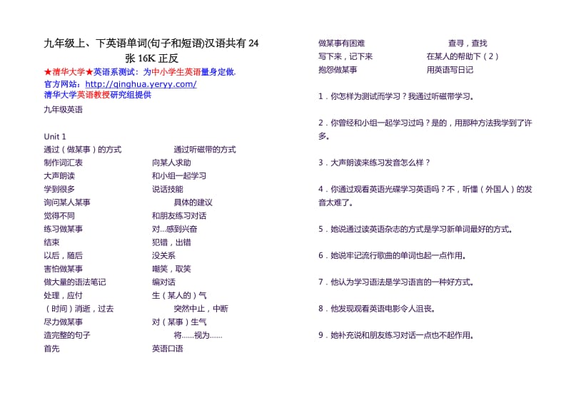 九年级上、下英语单词(句子和短语)汉语共有24张16K正反.doc_第1页
