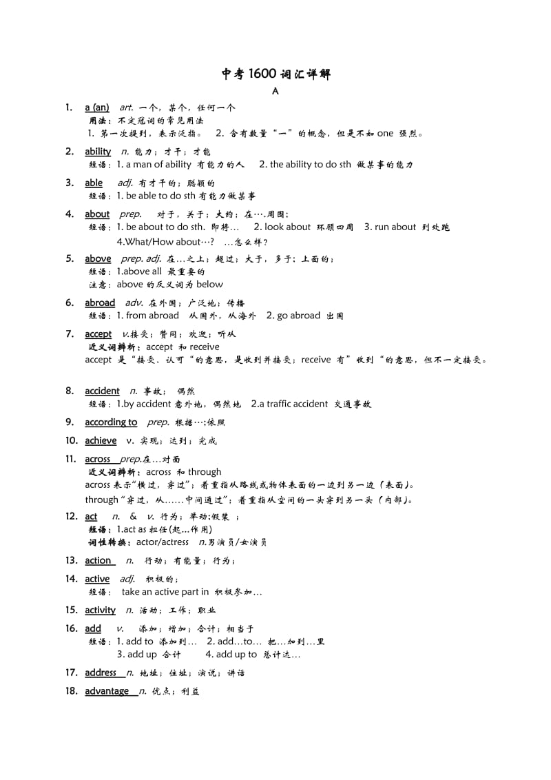 2015中考1600词汇详解(A组80个).docx_第1页