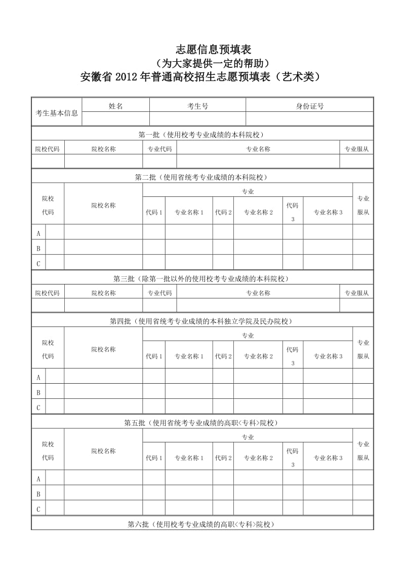 2012年安徽省高考志愿表.doc_第1页