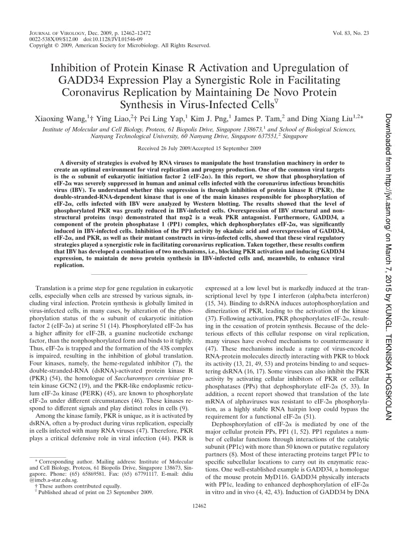 【病毒外文文献】2009 Inhibition of Protein Kinase R Activation and Upregulation of GADD34 Expression Play a Synergistic Role in Facilita_第1页