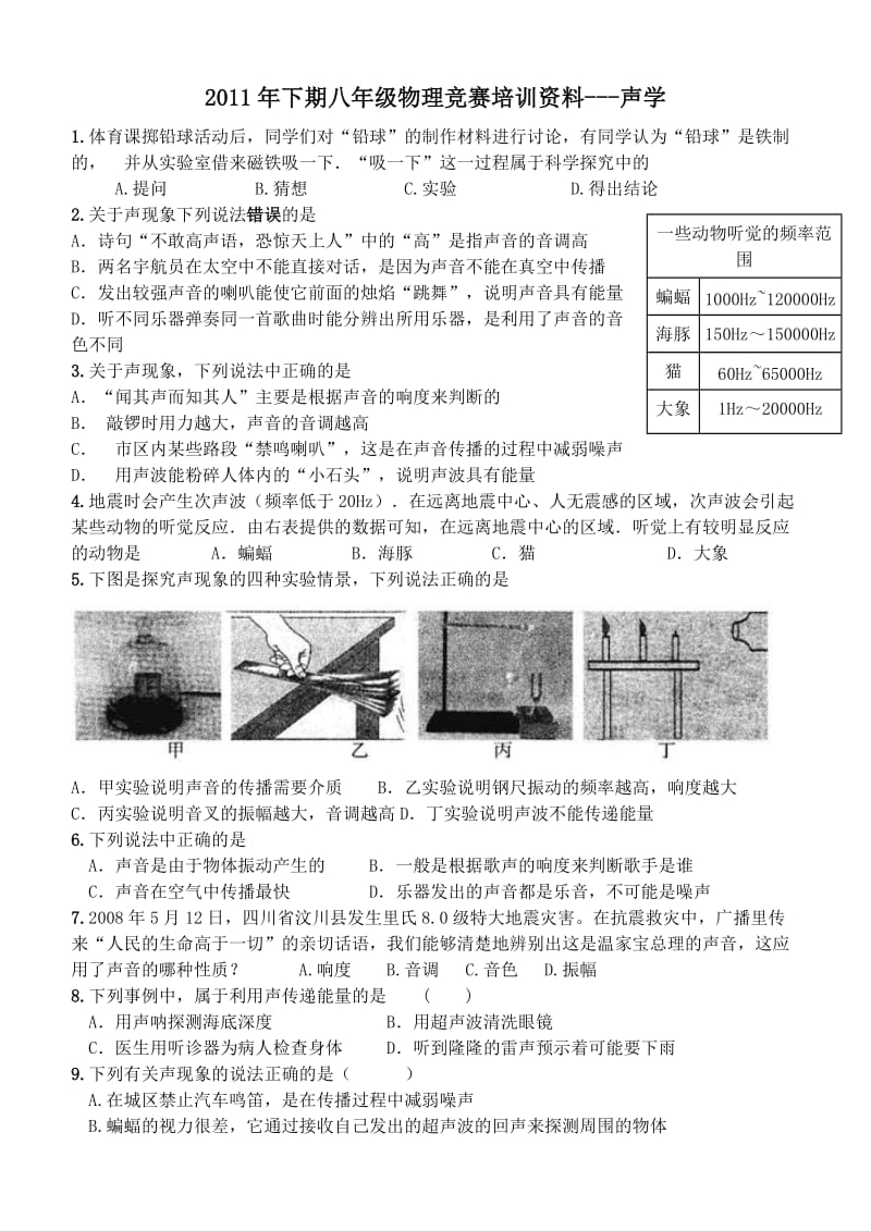 2011年下期八年级物理竞赛培训资料声学.doc_第1页