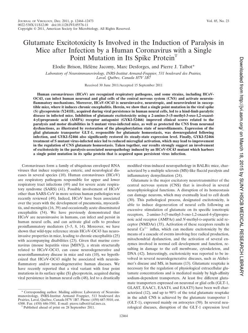 【病毒外文文献】2011 Glutamate Excitotoxicity Is Involved in the Induction of Paralysis in Mice after Infection by a Human Coronavirus w_第1页