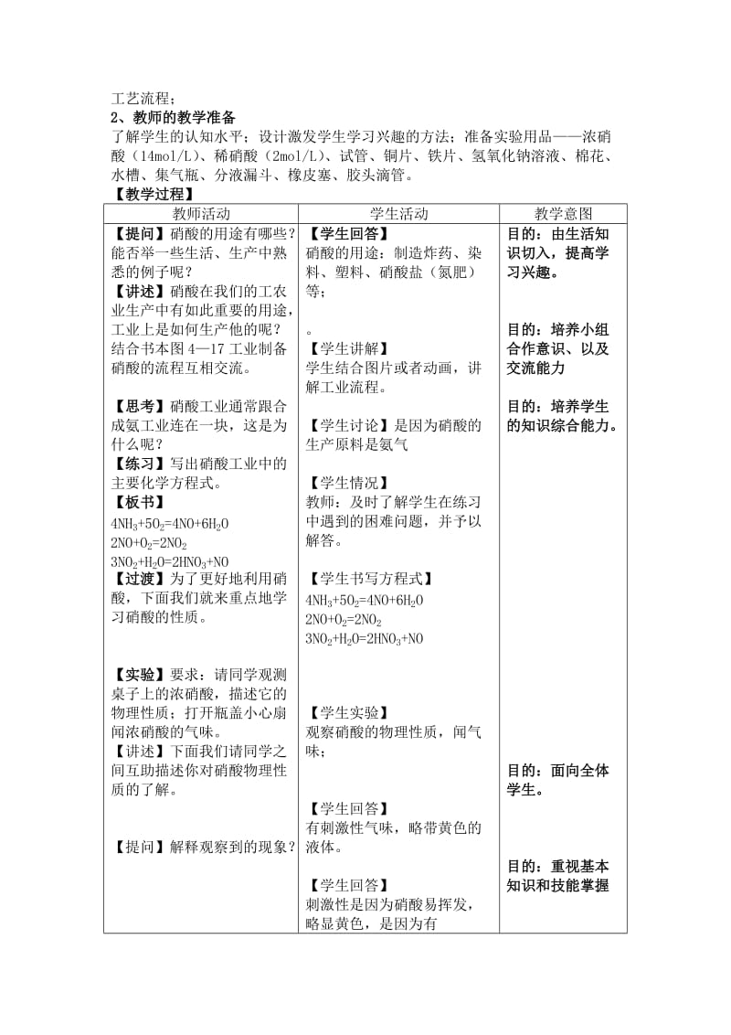 苏教版高一年级硝酸的性质的教学设计.doc_第2页