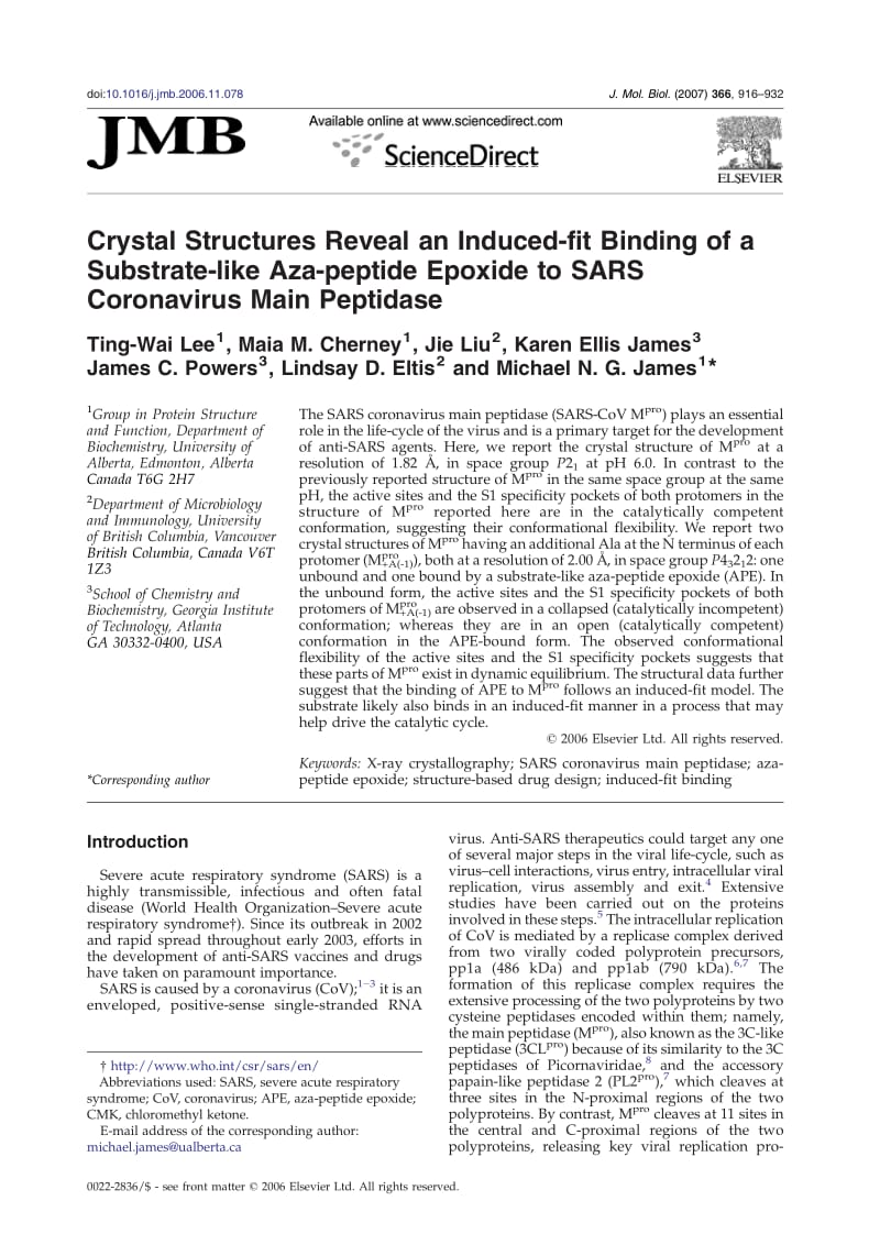 【病毒外文文献】2007 Crystal Structures Reveal an Induced-fit Binding of a Substrate-like Aza-peptide Epoxide to SARS Coronavirus Main P_第1页