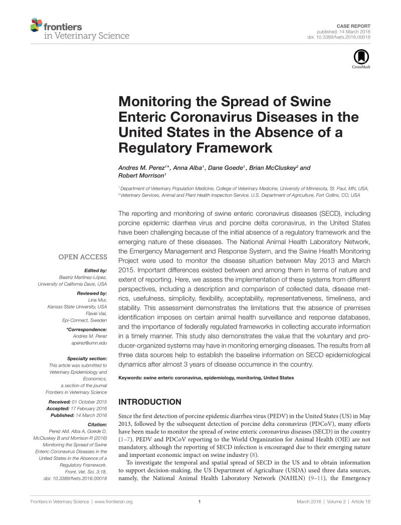 【病毒外文文献】2016 Monitoring the Spread of Swine Enteric Coronavirus Diseases in the United States in the Absence of a Regulatory Fra_第1页