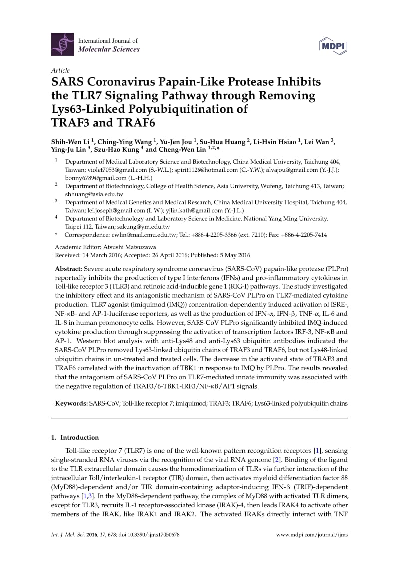 【病毒外文文献】2016 SARS Coronavirus Papain-Like Protease Inhibits the TLR7 Signaling Pathway through Removing Lys63-Linked Polyubiquit_第1页