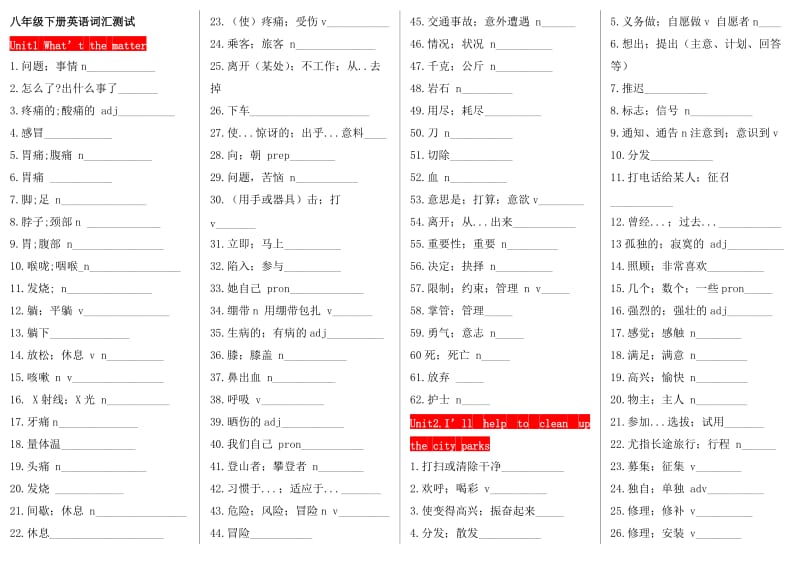 2015年春季人教版八年级下册英语单词与词组测试U1-10(打印版).doc_第1页