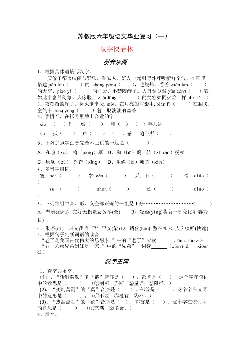 苏教版六年级语文毕业复习“字词句”-朱雷云123.doc_第1页