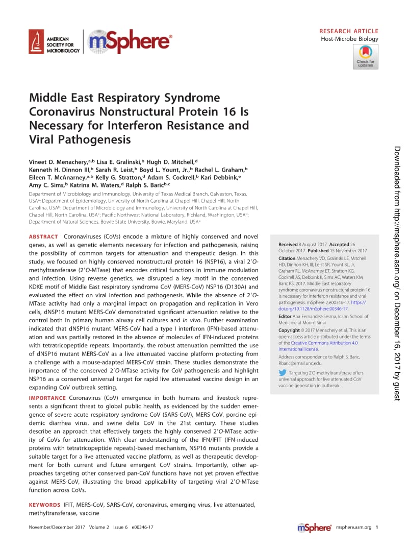 【病毒外文文献】2017 Middle East Respiratory Syndrome Coronavirus Nonstructural Protein 16 Is Necessary for Interferon Resistance and Vi_第1页