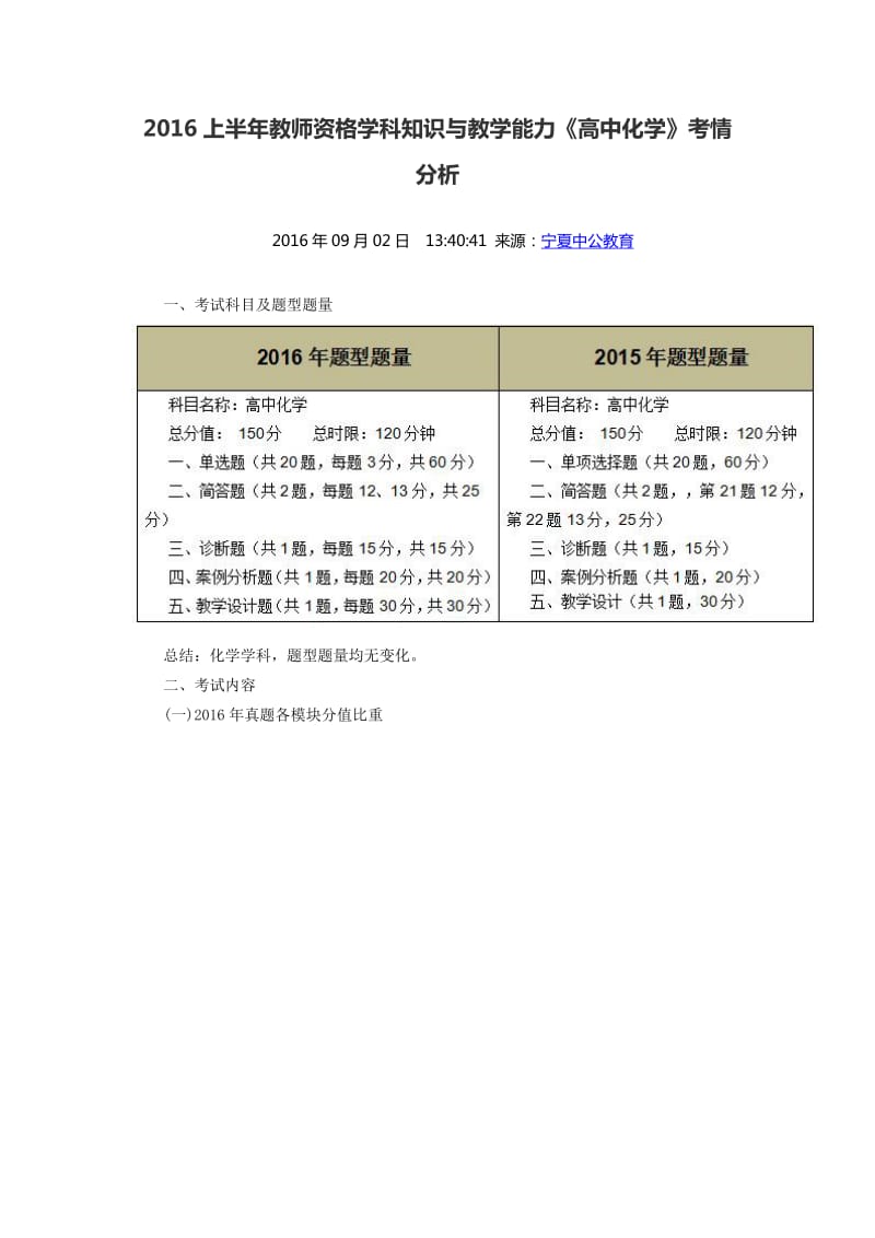 2016上半年教师资格学科知识与教学能力《高中化学》考情分析.doc_第1页