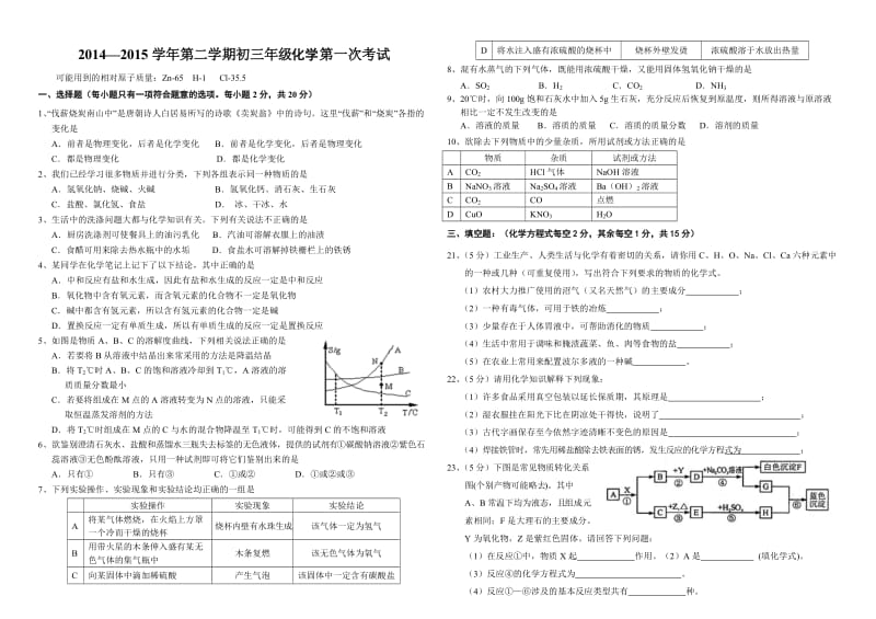 2015初三化学第一次模拟化学.doc_第1页