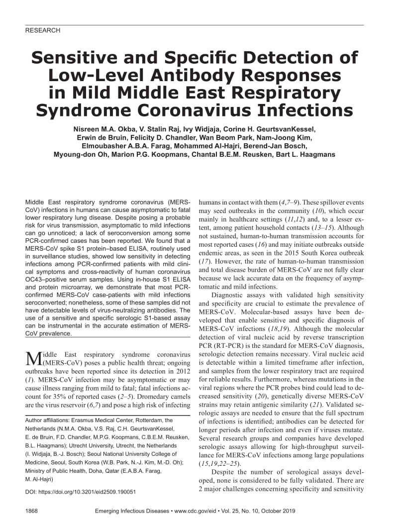 【病毒外文文献】2019 Sensitive and Specific Detection of Low-Level Antibody Responses in Mild Middle East Respiratory Syndrome Coronavir_第1页