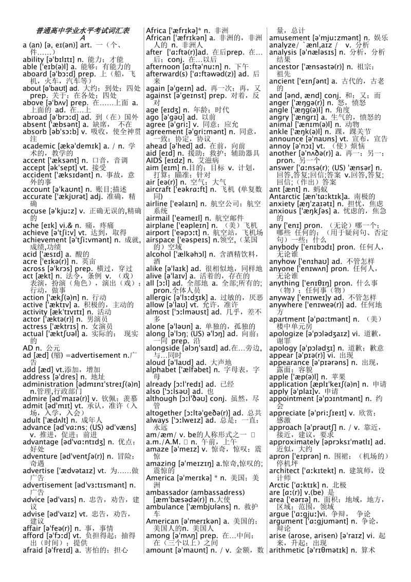 普通高中学业水平考试词汇表-带音标.doc_第1页