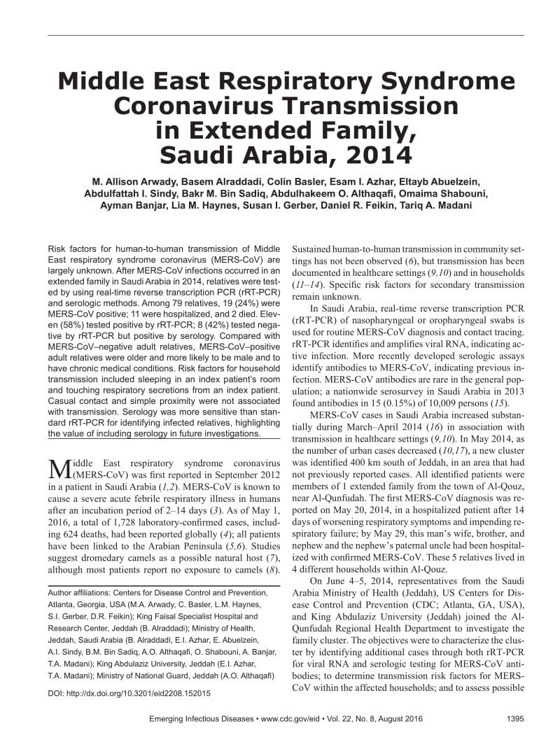 【病毒外文文献】2016 Middle East Respiratory Syndrome Coronavirus Transmission in Extended Family, Saudi Arabia, 2014_第1页