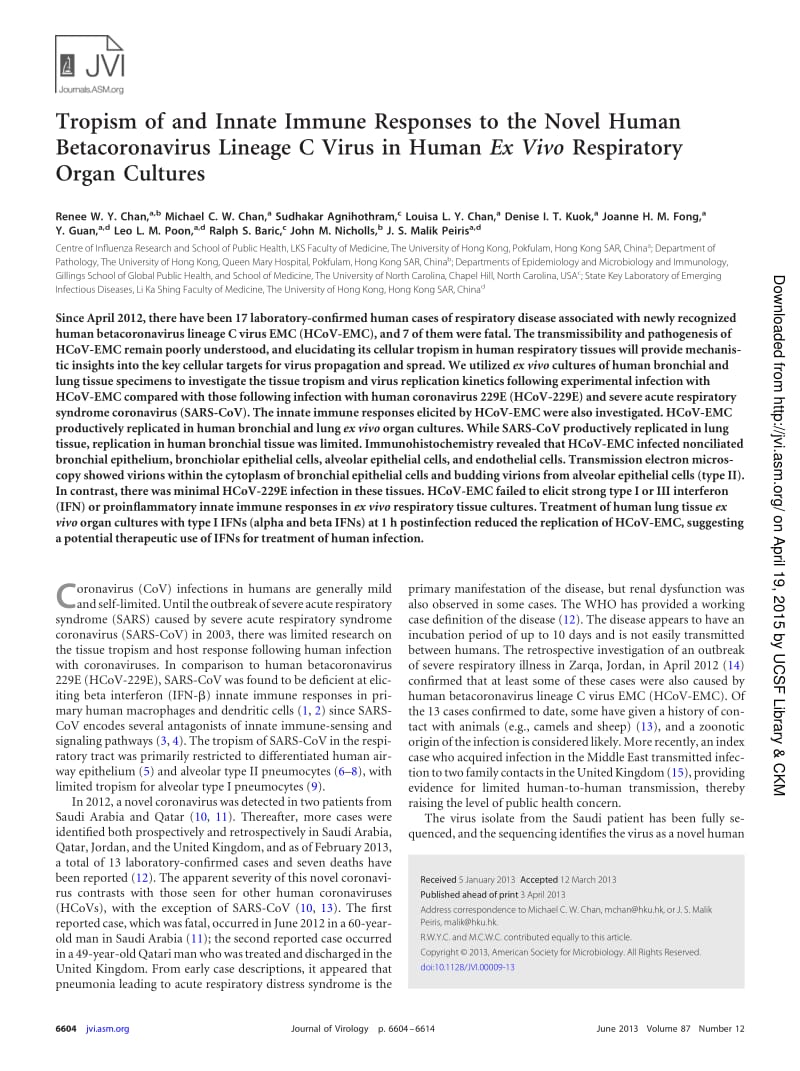 【病毒外文文献】2013 Tropism of and Innate Immune Responses to the Novel Human Betacoronavirus Lineage C Virus in Human Ex Vivo Respirat_第1页
