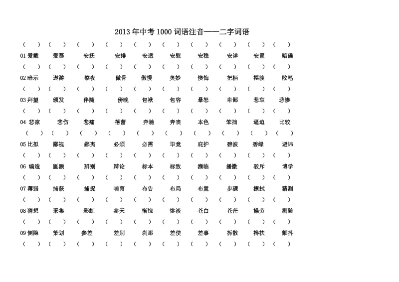 2013中考1000词二字词语注音.doc_第1页