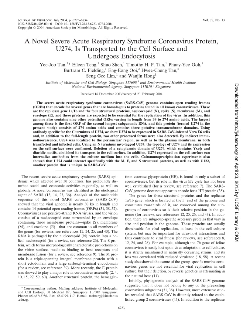 【病毒外文文獻(xiàn)】2004 A Novel Severe Acute Respiratory Syndrome Coronavirus Protein, U274, Is Transported to the Cell Surface and Undergo