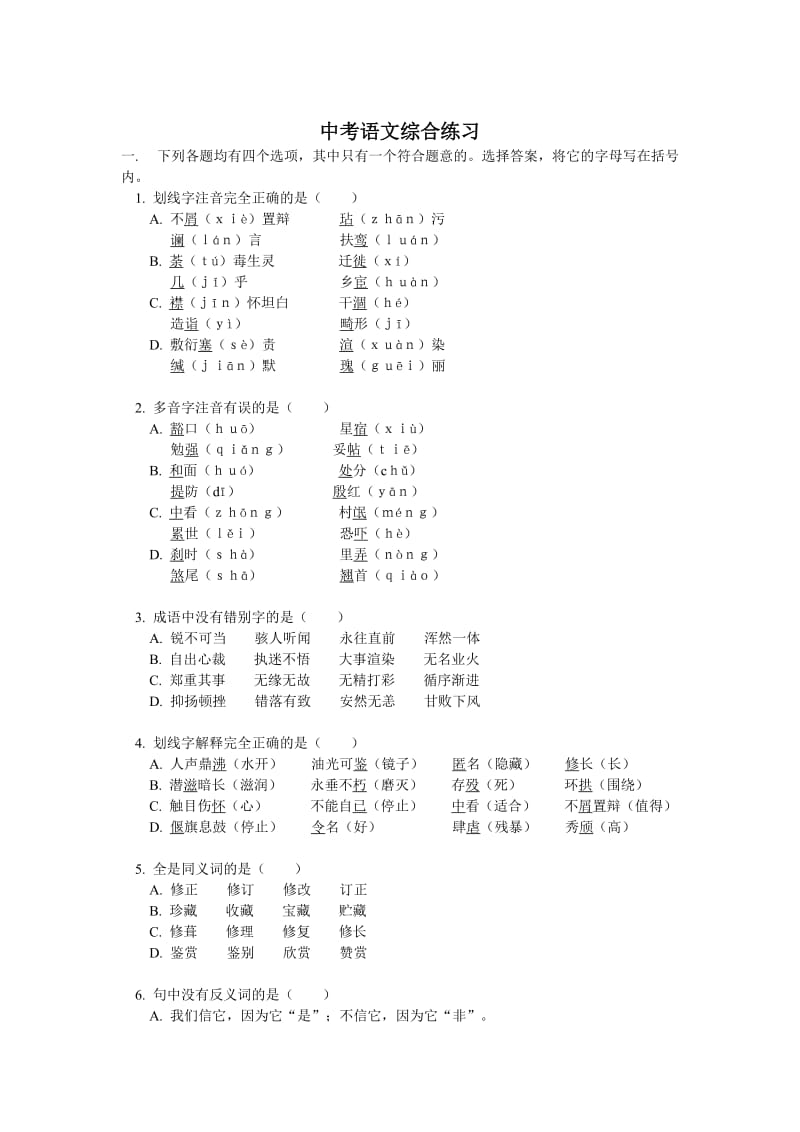 中考语文综合练习.doc_第1页