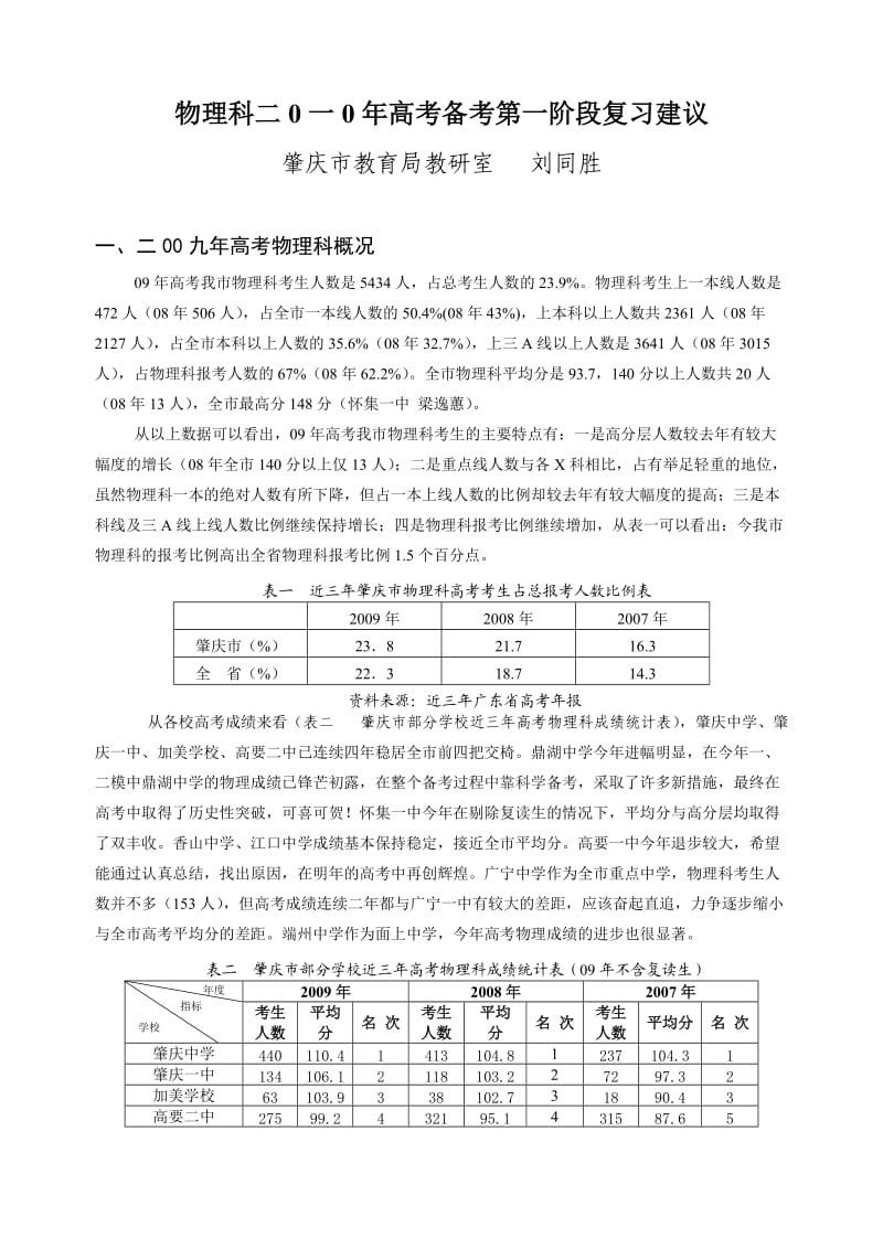 物理科二0一0年高考备考第一阶段复习建议.doc_第1页