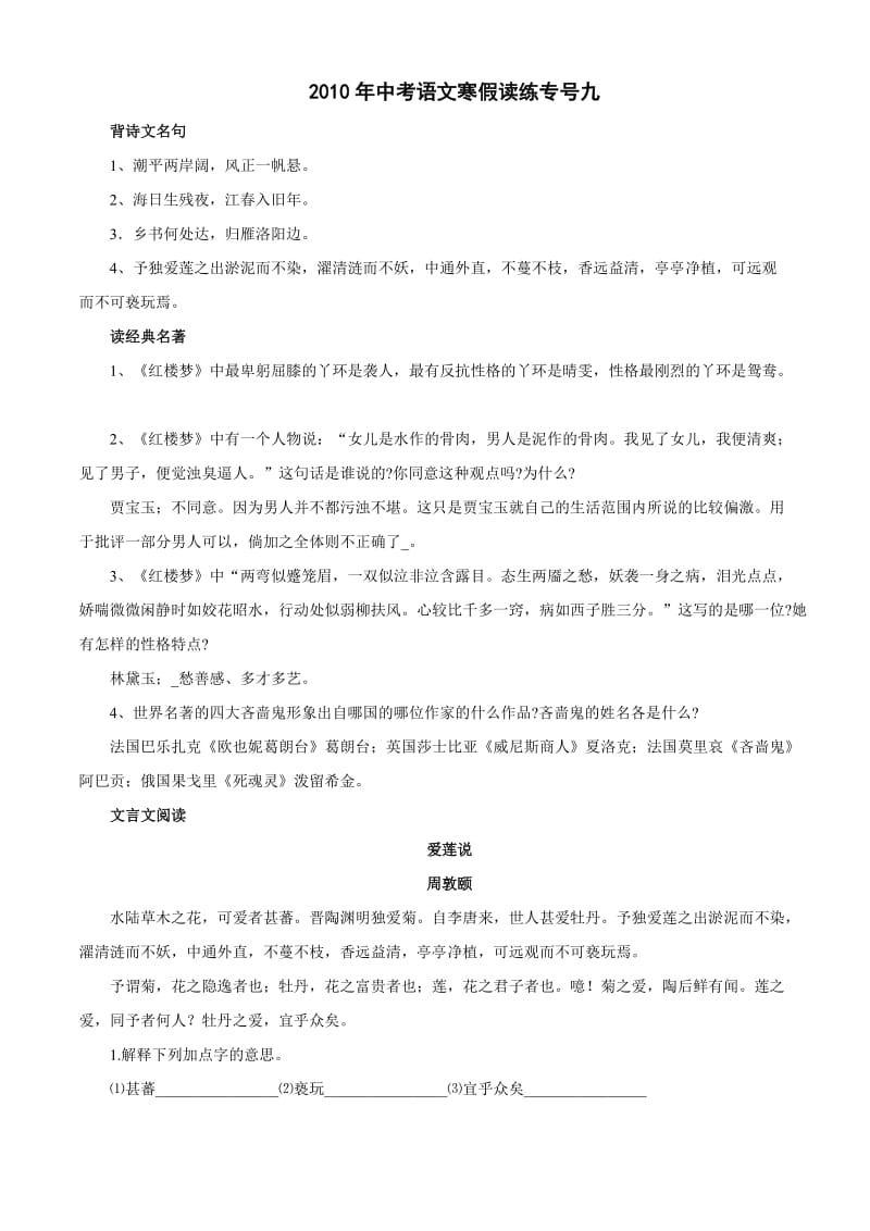 2010中考语文寒假读练专号九.doc_第1页