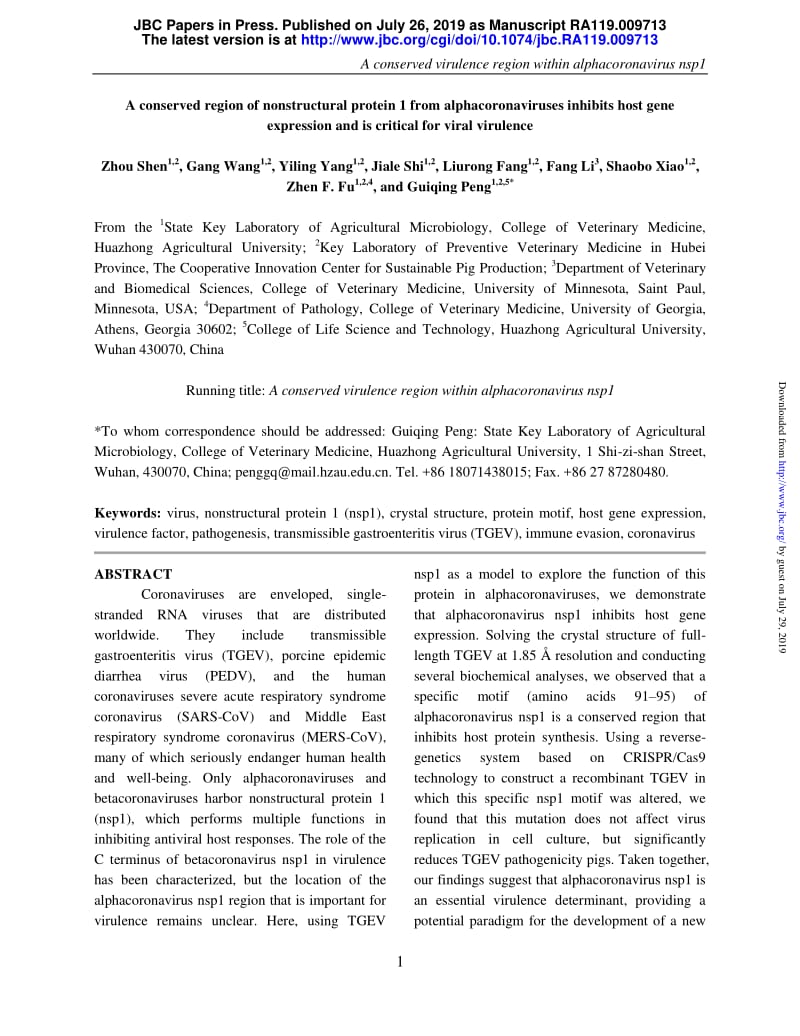 【病毒外文文獻(xiàn)】2019 A conserved region of nonstructural protein 1 from alphacoronaviruses inhibits host gene expression and is critical