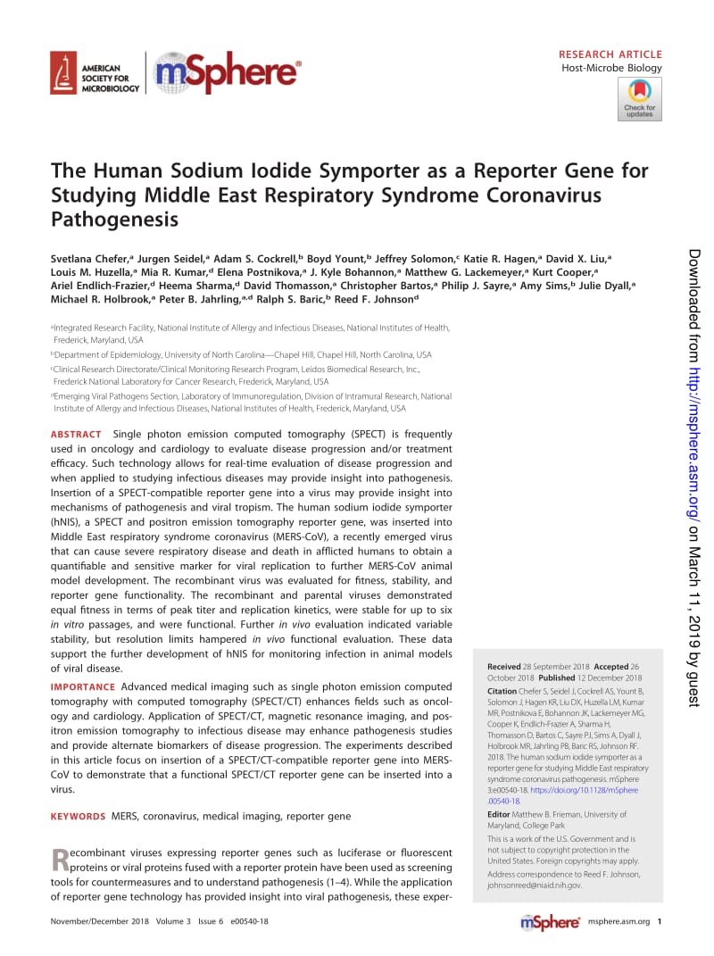 【病毒外文文献】2018 The Human Sodium Iodide Symporter as a Reporter Gene for Studying Middle East Respiratory Syndrome Coronavirus Path_第1页