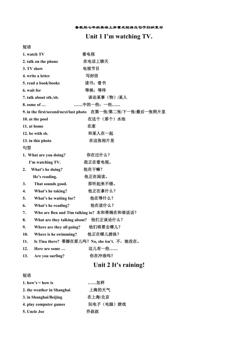 七年级英语上册短语句型打印.doc_第1页