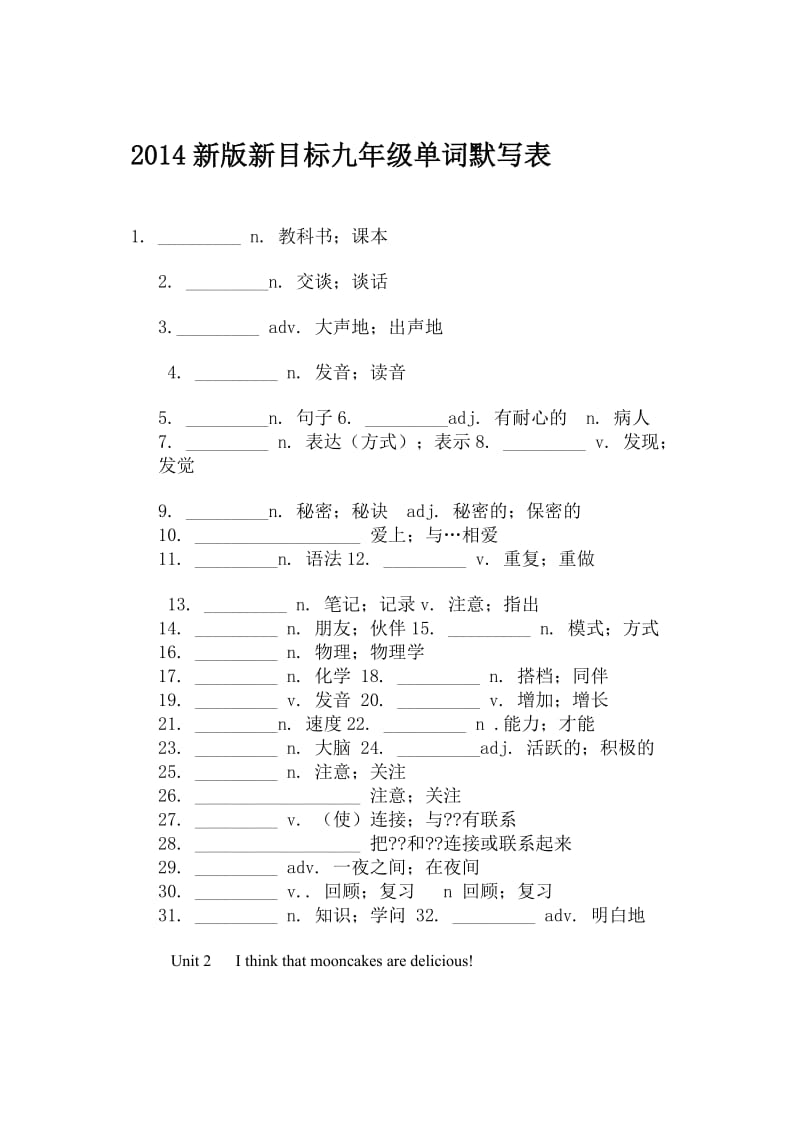 2014新版新目标九年级单词默写表.docx_第1页