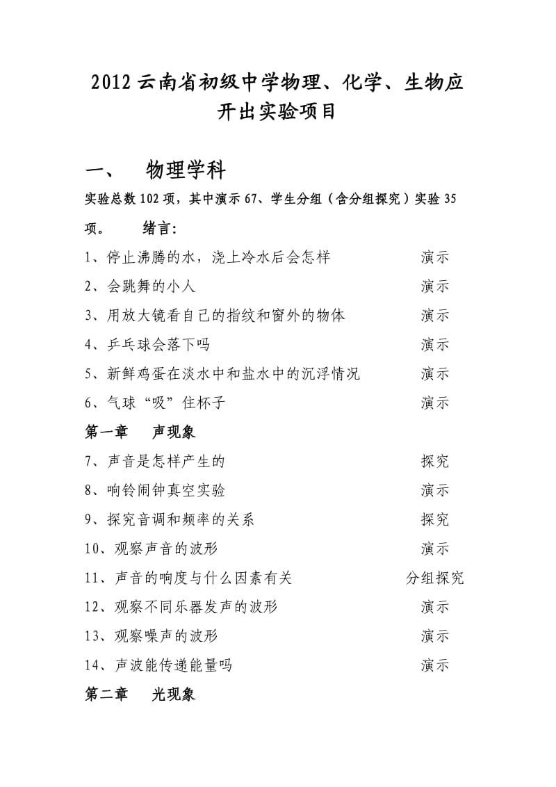 2012云南省初级中学物理、化学、生物应开出实验项目.doc_第1页