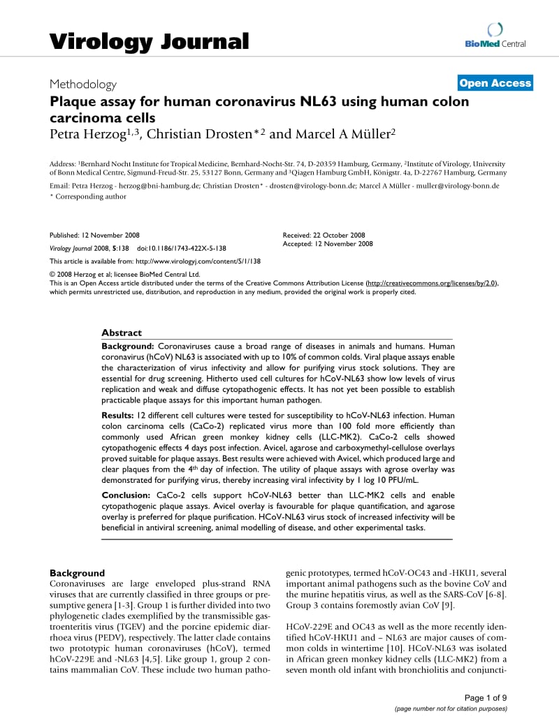 【病毒外文文献】2008 Plaque assay for human coronavirus NL63 using human colon carcinoma cells_第1页