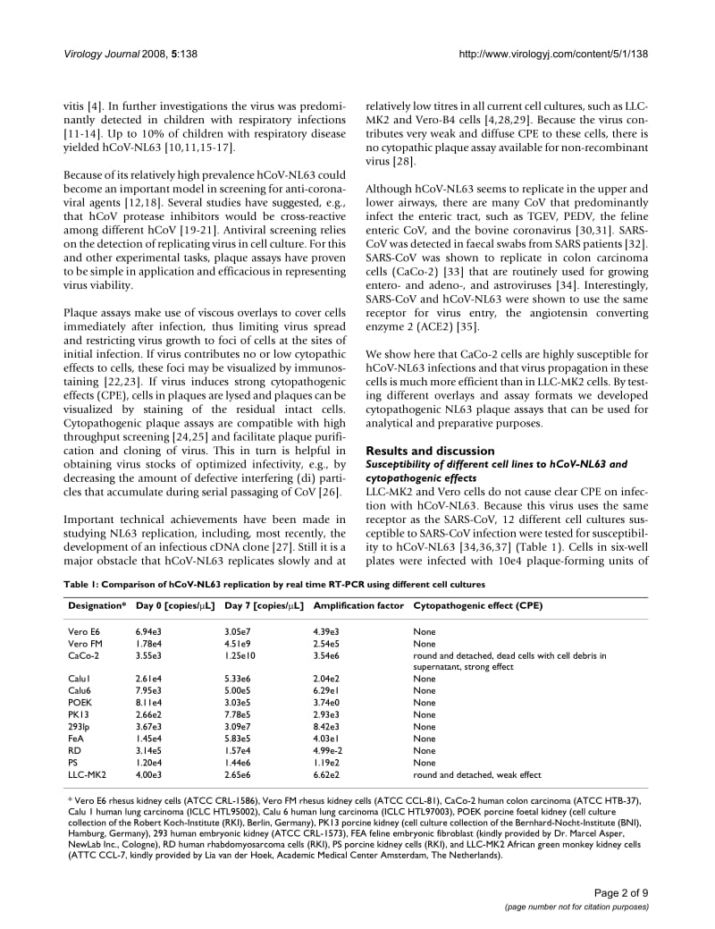 【病毒外文文献】2008 Plaque assay for human coronavirus NL63 using human colon carcinoma cells_第2页