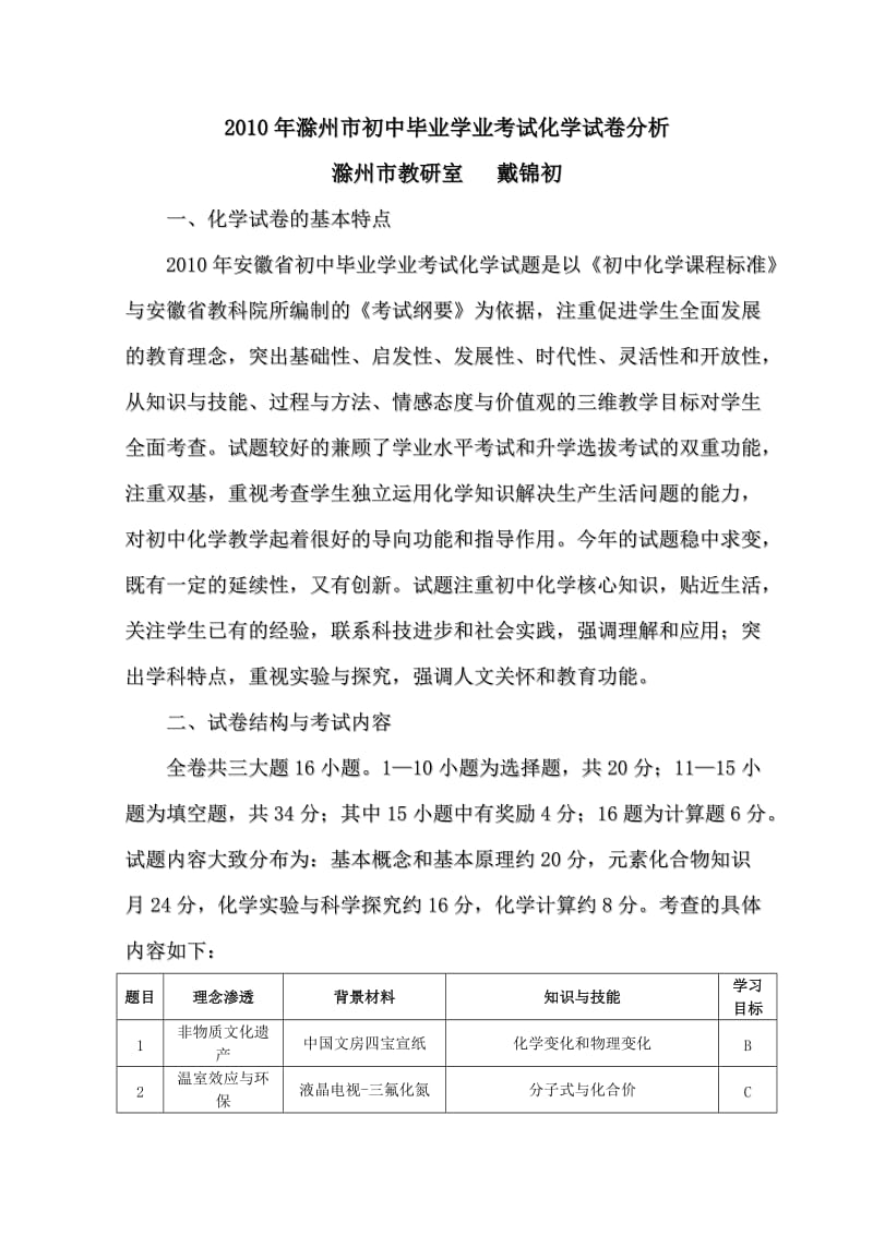 2010年滁州市初中毕业学业考试化学试卷分析.doc_第1页