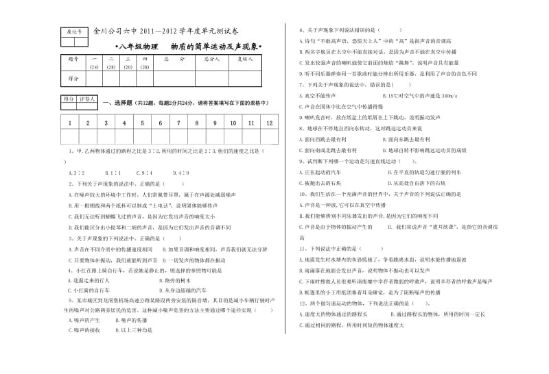 2011-2012八年级物理物质的简单运动及声现象单元测试.doc_第1页