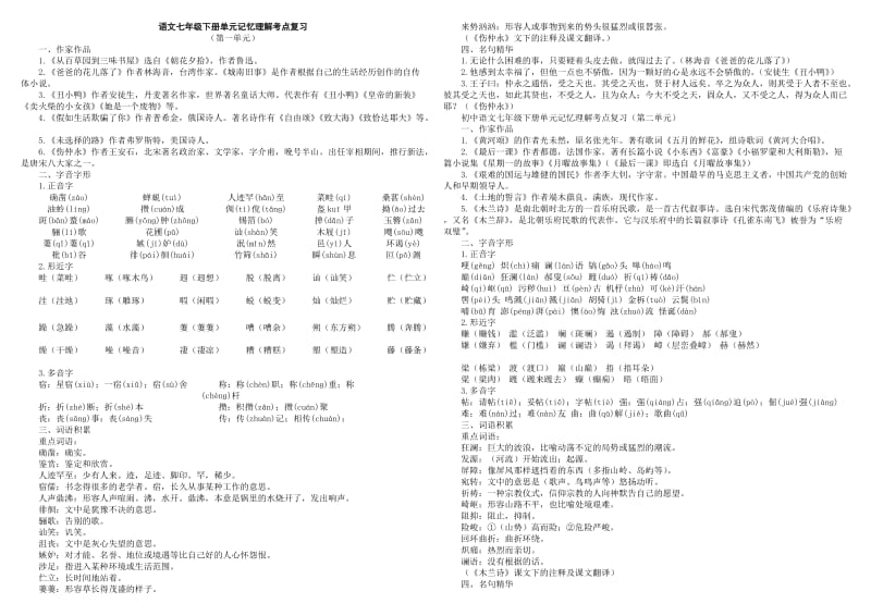 语文七年级下册单元记忆理解考点复习.doc_第1页