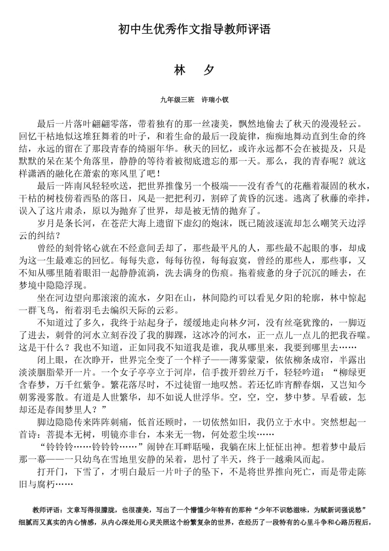 初中生优秀作文指导教师评语.doc_第1页