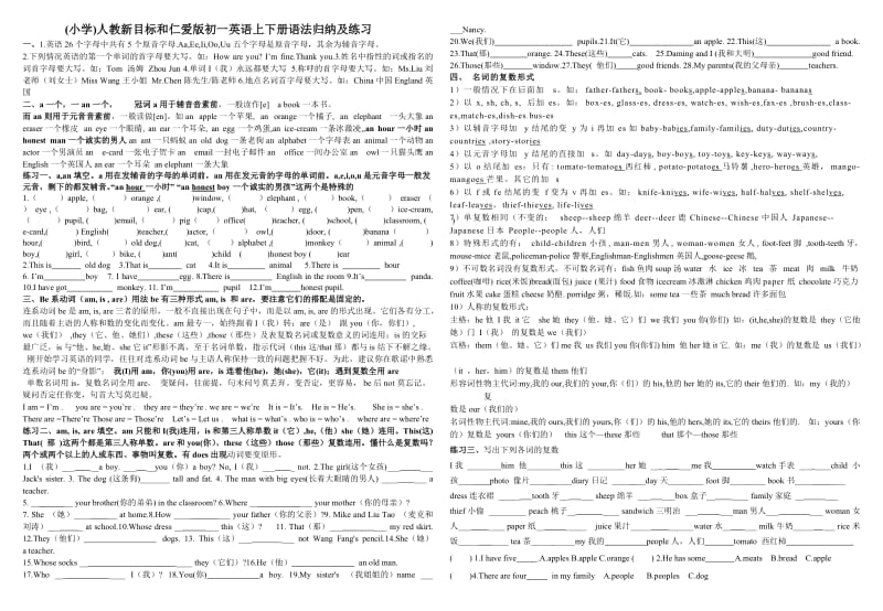 人教版和仁爱版初一英语上下册语法归纳及练习.doc_第1页