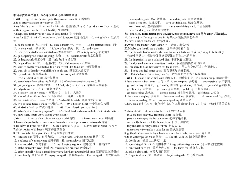 新目标英语八年级上各个单元重点词组与句型归纳.doc_第1页