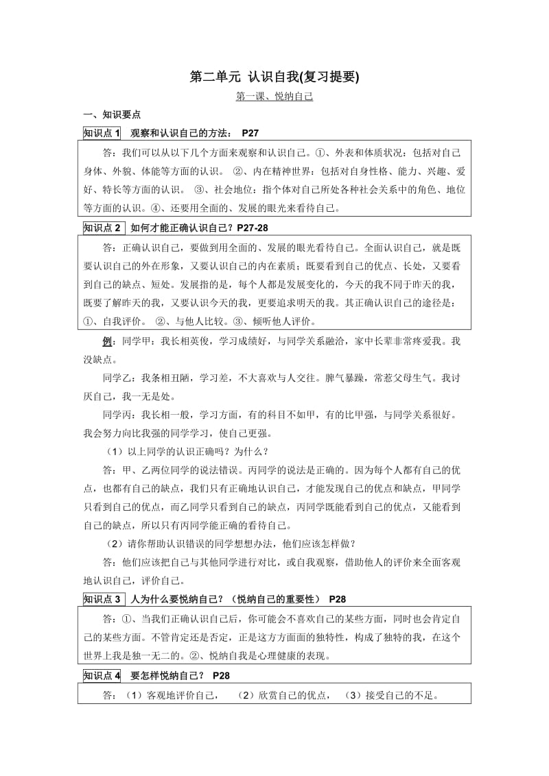 思想品德：第二单元《认识自我》复习提要(粤教版七年级上).doc_第1页