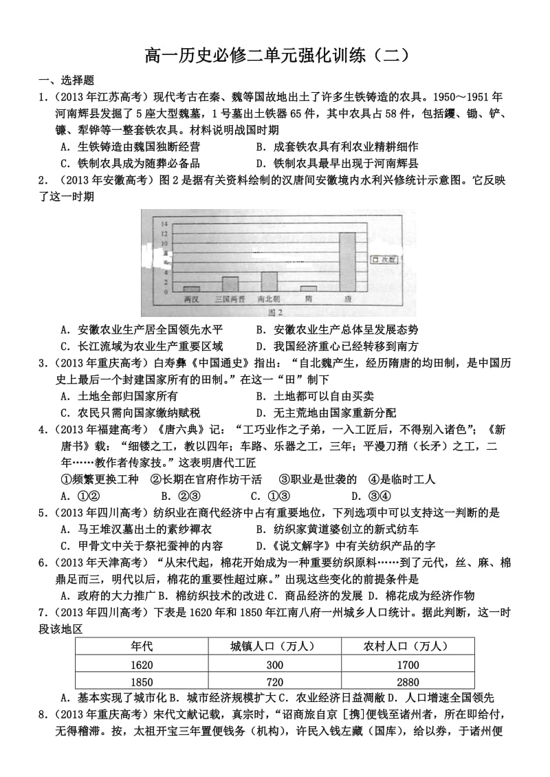 高一历史必修二单元化强训练(二).doc_第1页