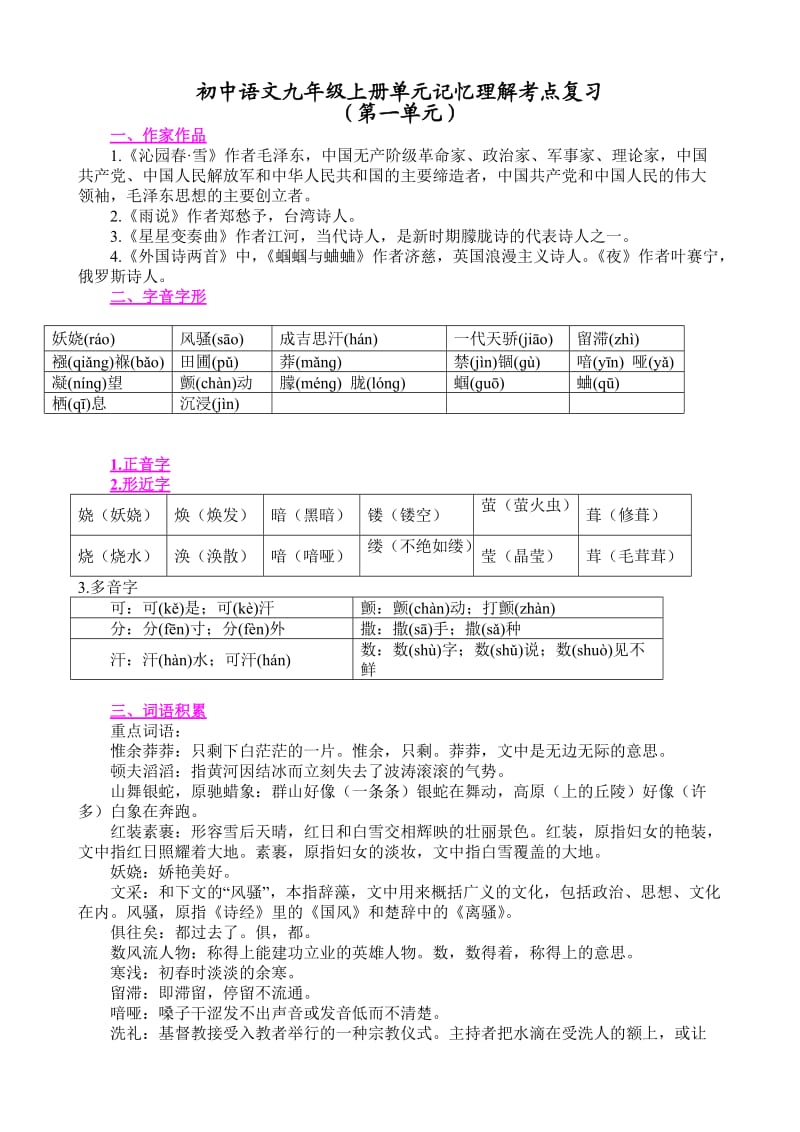 人教版语文九年级上册单元记忆理解考点复习(第1-3单元).doc_第1页